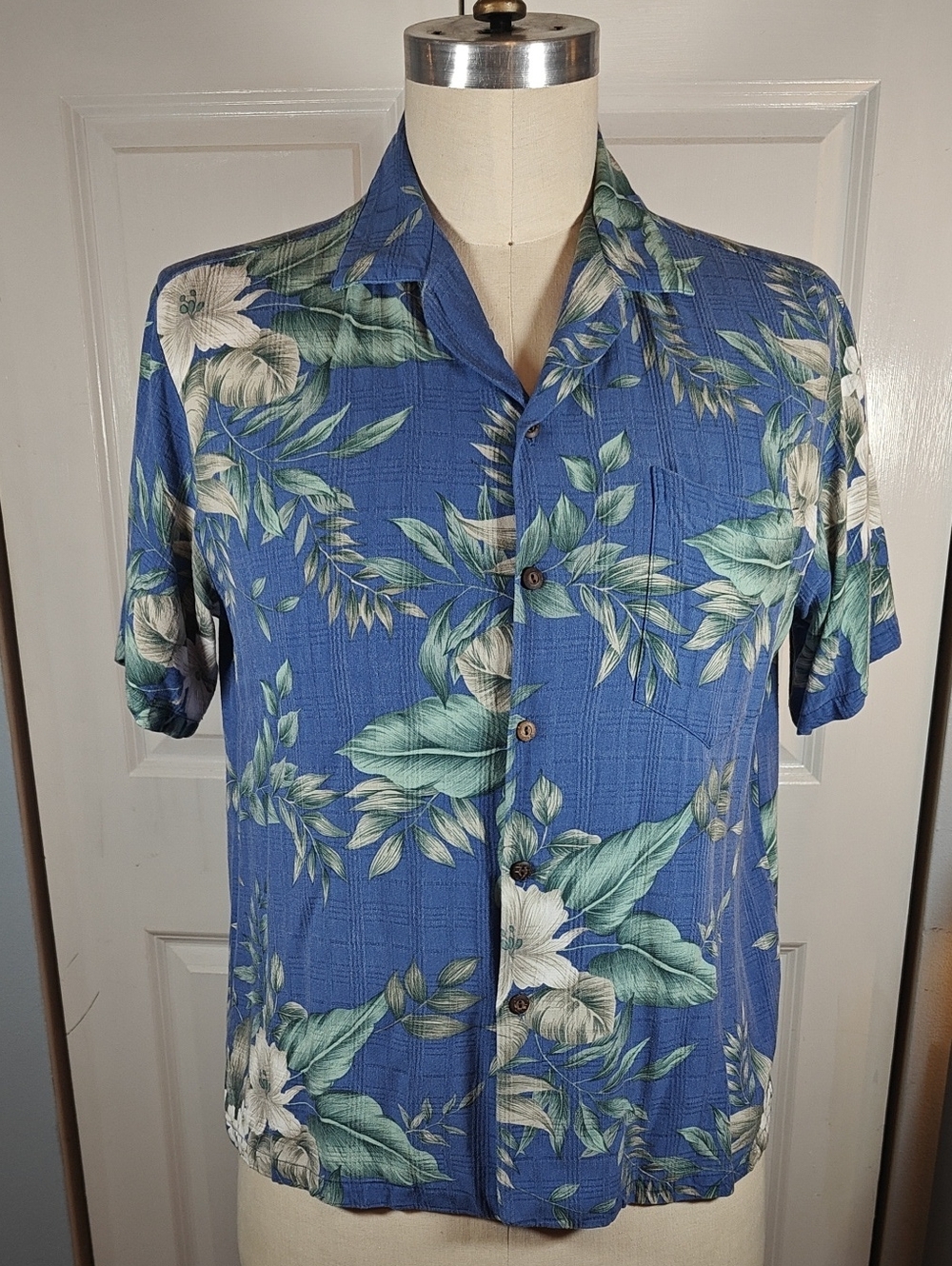 Vintage Two Palms Mens Blue Tropical Hawaiian Floral Camp Shirt Made In Hawaii L